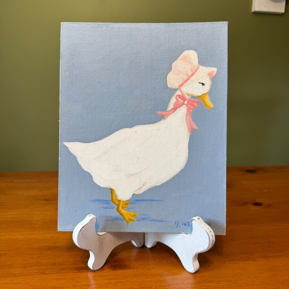 Vintage Cottagecore Goose Painting Pink Bonnet Canvas Panel 8x10 Folk Art